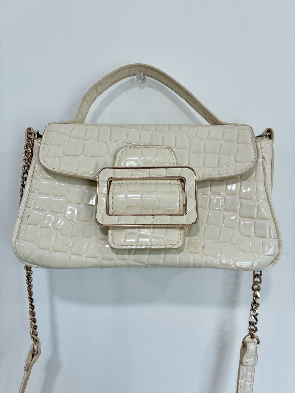 Zara Cream Croc-Embossed Mini Top Handle Bag with Gold Chain